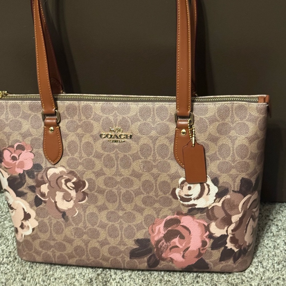 Coach Signature Floral Tote - Brown and Pink